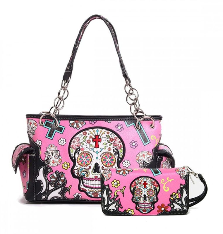Cowgirl Trendy Western Concealed Carry Cross Sugar Skull Art Purse Handbag Bag