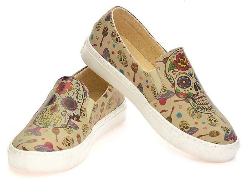 NEW GOBY SUGAR SKULL FLORAL SLIP-ON SNEAKER TENNIS SHOES BEIGE