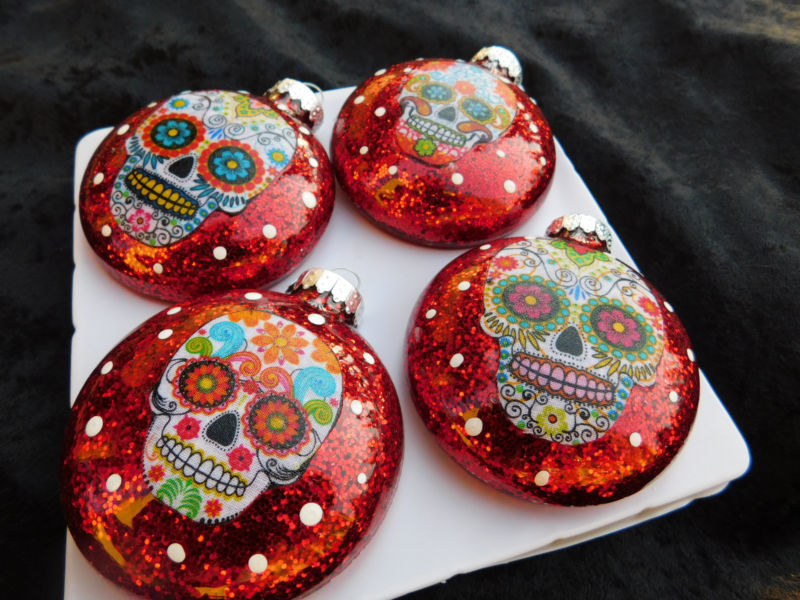 Sugar Skulls Decorated Glass Christmas Ornaments - Set of 4