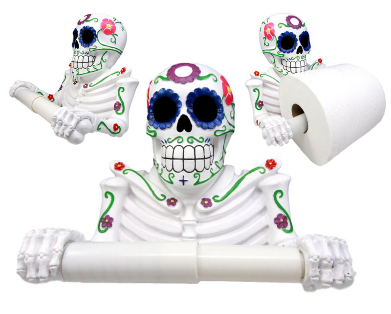 White Day Of The Dead Sugar Skull Floral Skeleton Bathroom Toilet Paper Holder