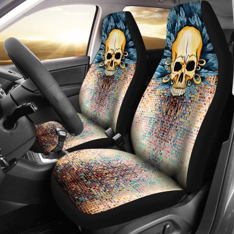 Skull Car Seat Cover Design Gold Pattern