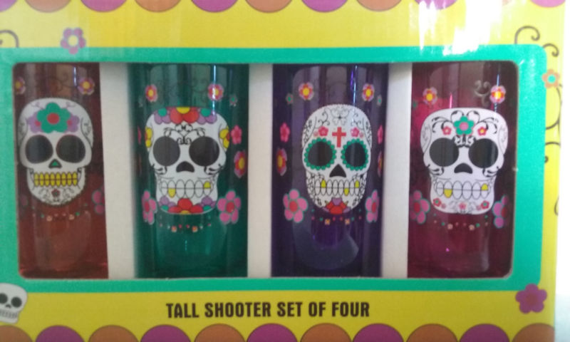 Sugar Skull Mexi Party Shots glass Skeleton Tall 2 oz Shooter Glasses Set of 4