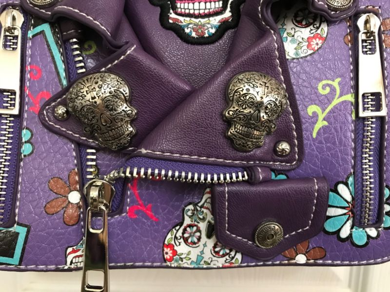Cowgirl Trendy SUGAR SKULL MOTORCYCLE JACKET HANDBAG w/Flap & Chain Strap PURPLE
