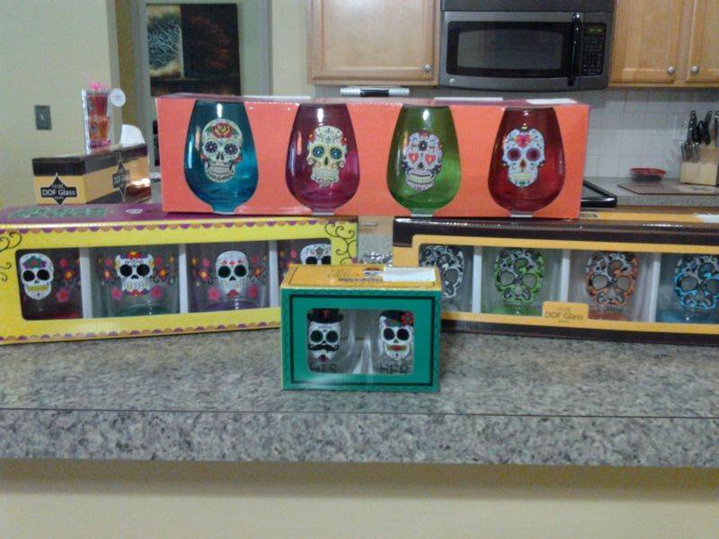 Sugar Skulls Day Of The Dead Party Set Wine, His & Hers Shot Glasses & Lantern