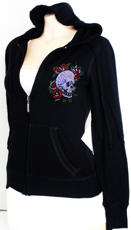 JUNIOR LIGHT HOODIE SKULLS BONES RHINESTONE TOP SKULL NEW S - 2XL