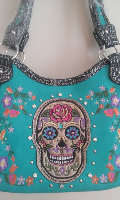 SUGAR SKULL CONCEALED CARRY HANDBAG PURSE BLUE COME WITH 2 FREE GIFTS - SKULL HAT AND A BRACELET