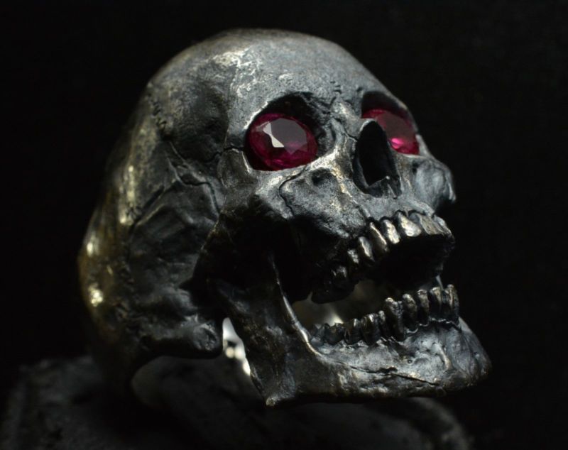Into The Fire Jewelry - Skull ring Large open jaw with Rubies Men .925 Silver