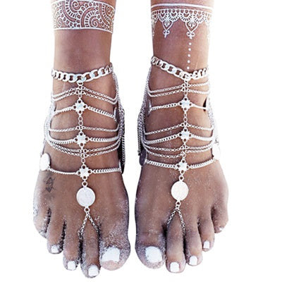 Anklet Bracelet On The Leg Hollow Bohemian Punk Retro Style Multi-Layer Chain Tassel Coin Anklets For Women