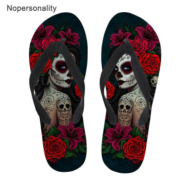 Gothic Girl Print Flip Flops Women Casual Beach Flats Light Slippers Woman Skull