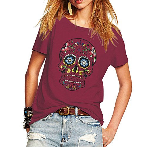 Woman T Shirt Floral Skull Contrast Color Junior Tops Tee Punk Street Style Lady Shirt