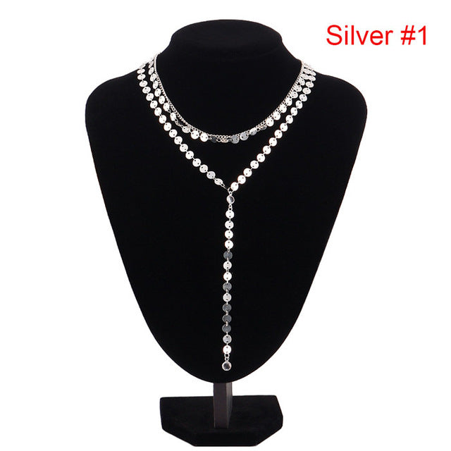 Sexy Multilayer Sequins Rhinestone Tassel Pendants Chain Necklace Choker Collar Women Jewelry