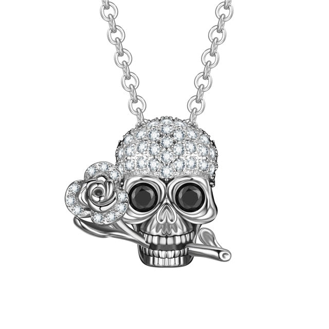 Punk Skull Flowers Necklace Zircon Crystals Wedding Pendant Jewelry