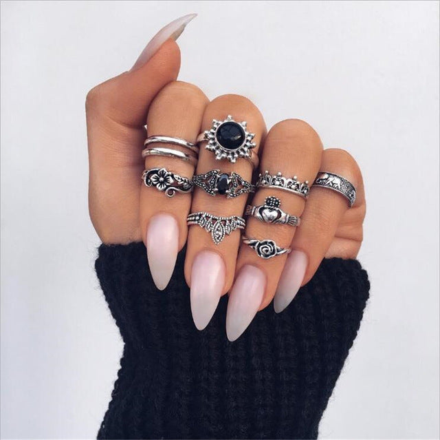 7 Style Vintage Knuckle Rings for Women Boho Geometric Flower Crystal Ring Set Bohemian Midi Finger Jewelry Bague Femme