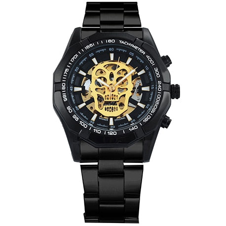 New Fashion Mechanical Watch Men Skull Design Top Brand Luxury Golden Stainless Steel Strap Skeleton Man Auto Wrist Watch