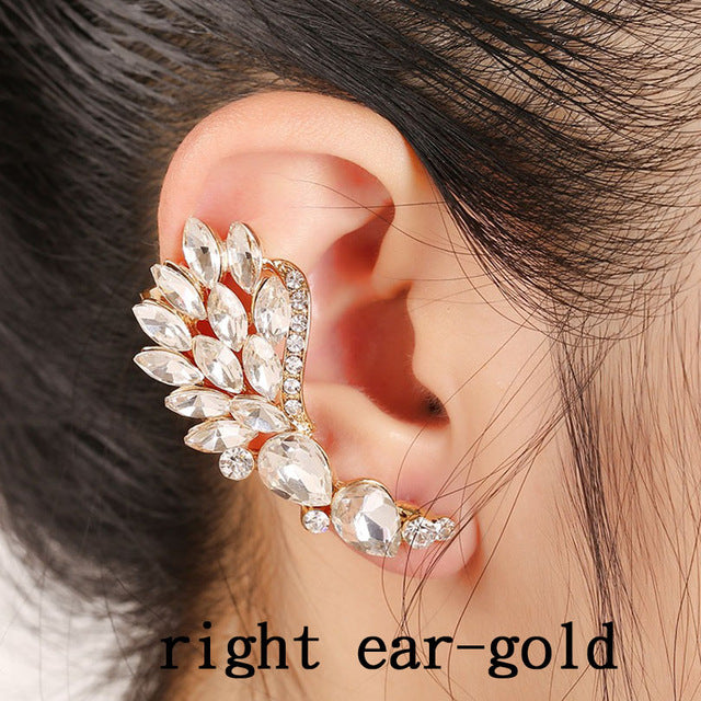 Fashion Popular Women Full Rhinestones Wing Ear Cuff Feather Gold Silver Plated Big Zircon Earcuff Clip Earrings