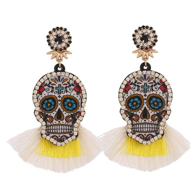 Fashion Women Multicolored Skull Pendant Fringed Earrings