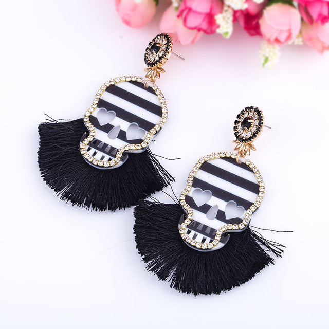 Fashion Women Multicolored Skull Pendant Fringed Earrings