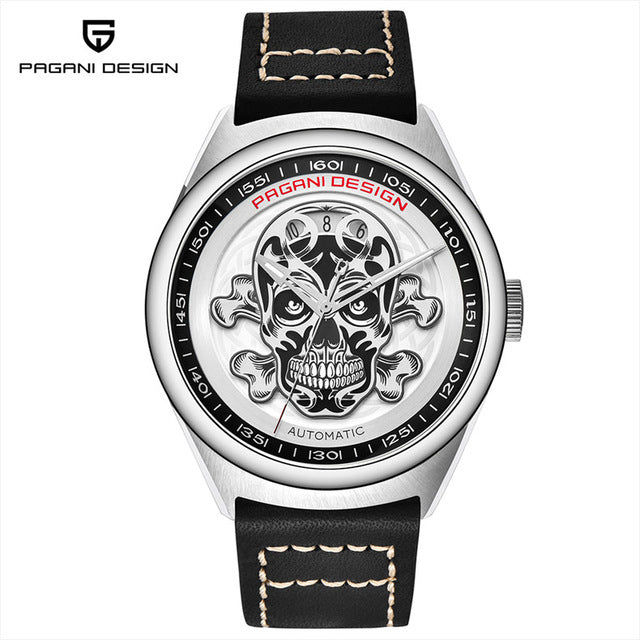 Men's Classic 3D Skull Punk Style Mechanical Watches Waterproof Genuine Leather Brand Luxury Automatic Watch PAGANI DESIGN