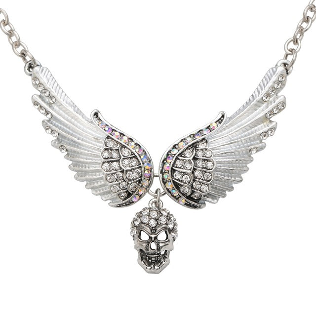 Angel Wings Skull Choker Necklace Guardian Biker Crystal Goth Jewelry Gift for Women Silver Color (18+2)"