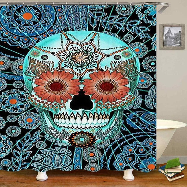 Skull Bathroom Shower Curtains Non Slip Floor Mat Rug Lid Toilet Cover Waterproof