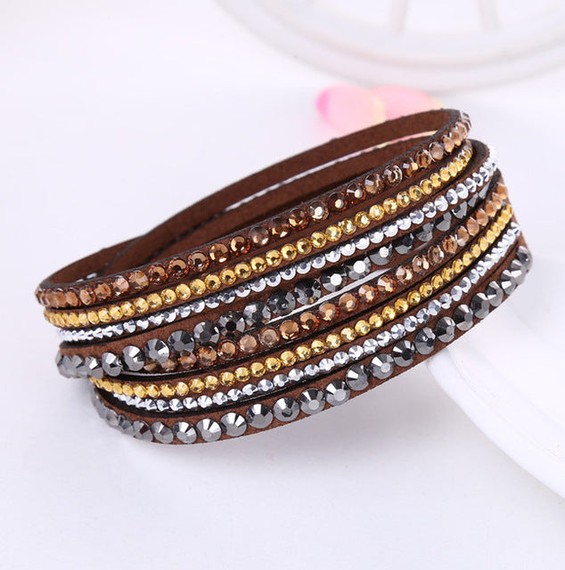 New Leather Bracelet Rhinestone Crystal Bracelet Wrap Multilayer Bracelets for women feminino pulseras mulher Jewelry