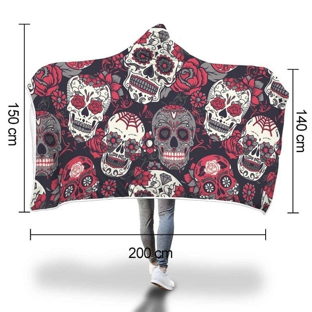 XC USHIO Magic Wearable Hooded Throw Blanket New Fashion Sugar Skull Flower Printed Fleece Fabric Sofa Couch Bed Cover 150*200cm
