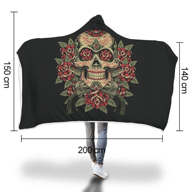 XC USHIO Magic Wearable Hooded Throw Blanket New Fashion Sugar Skull Flower Printed Fleece Fabric Sofa Couch Bed Cover 150*200cm