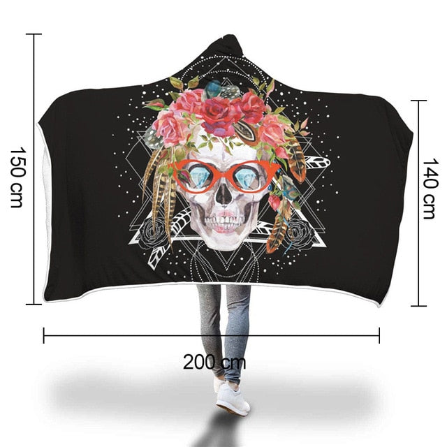 XC USHIO Magic Wearable Hooded Throw Blanket New Fashion Sugar Skull Flower Printed Fleece Fabric Sofa Couch Bed Cover 150*200cm