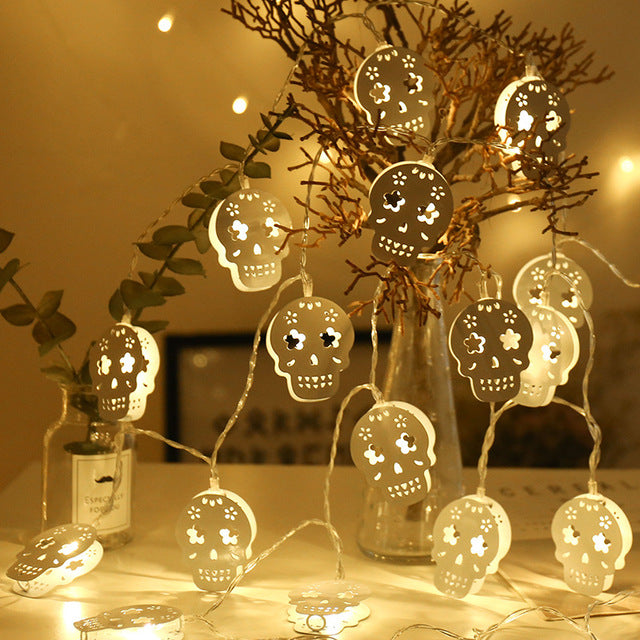 3M Battery Operated Halloween White Hollow Metal Skull LED String Lights