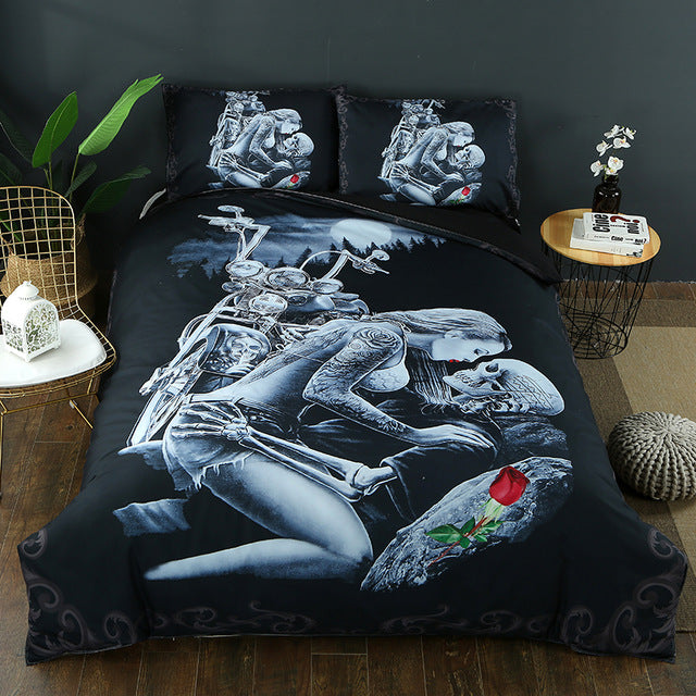 Red Rose Beauty Kiss Skull Duvet Cover Set