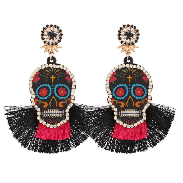 Fashion Women Multicolored Skull Pendant Fringed Earrings