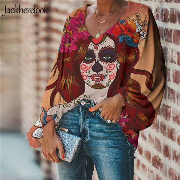 Summer Chiffon Black Women's Blouses Sugar Skull Gothic Top Shirt Sexy V Neack