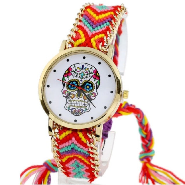 Women vintage Mexican Catrina Style Skull Fashion wristwatch Lace Golden Braided