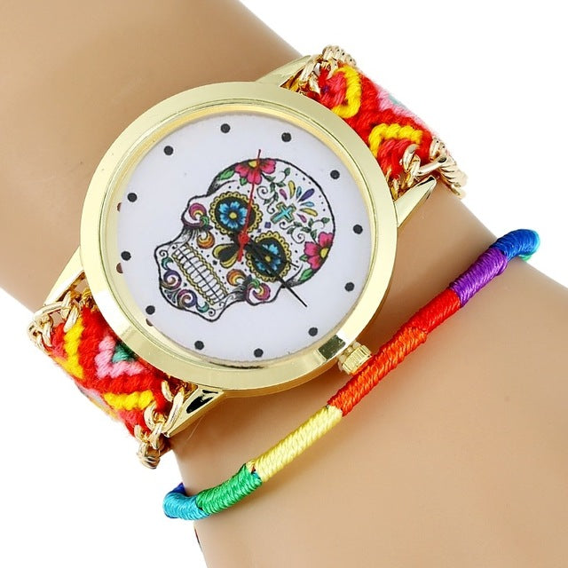 Women Watch Sugar Skull woman dress wristwatch Fashion Hippie Fabric Bracelet Skeleton reloj dama Geneva Style