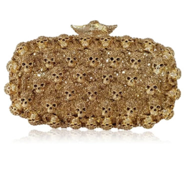 Gold crystal diamond metal Skull evening bag