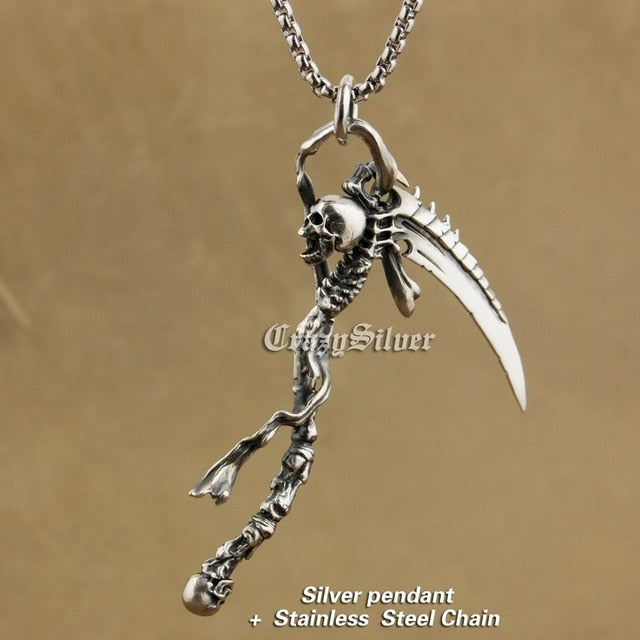 Huge 925 Sterling Silver Grim Reaper Skull Sickle Scythe Biker Pendant