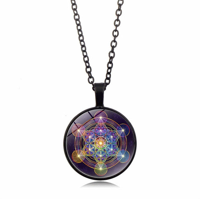 Psychedelic Sacred Geometry Luminous Necklace Glass Cabochon Pendant Silver Chain Necklace Women Glow In The Dark Jewelry
