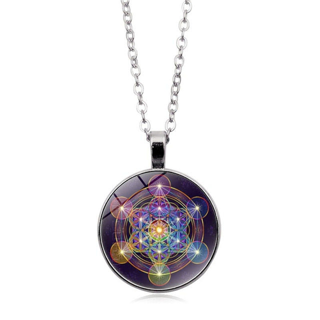 Psychedelic Sacred Geometry Luminous Necklace Glass Cabochon Pendant Silver Chain Necklace Women Glow In The Dark Jewelry