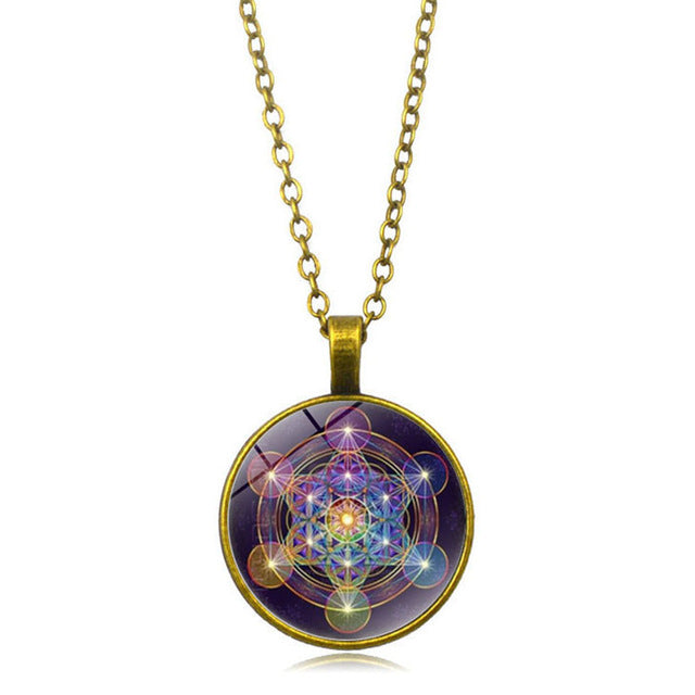 Psychedelic Sacred Geometry Luminous Necklace Glass Cabochon Pendant Silver Chain Necklace Women Glow In The Dark Jewelry