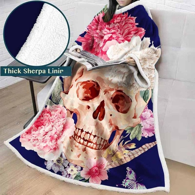3D Printed Black And White Sugar Skull Throw Blanket Winter Thick
