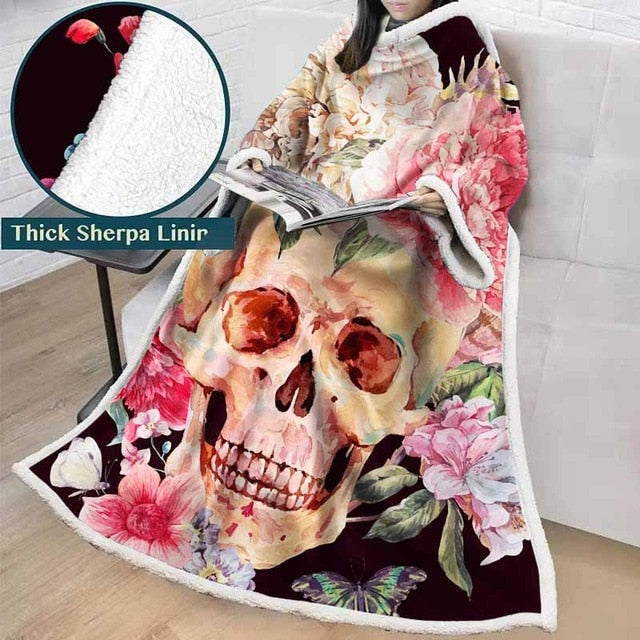 3D Printed Black And White Sugar Skull Throw Blanket Winter Thick