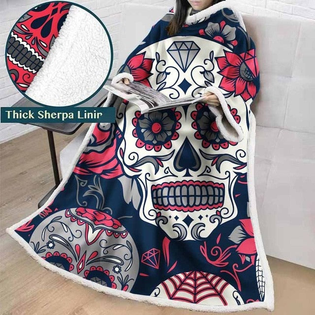 3D Printed Black And White Sugar Skull Throw Blanket Winter Thick