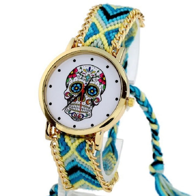 Women vintage Mexican Catrina Style Skull Fashion wristwatch Lace Golden Braided
