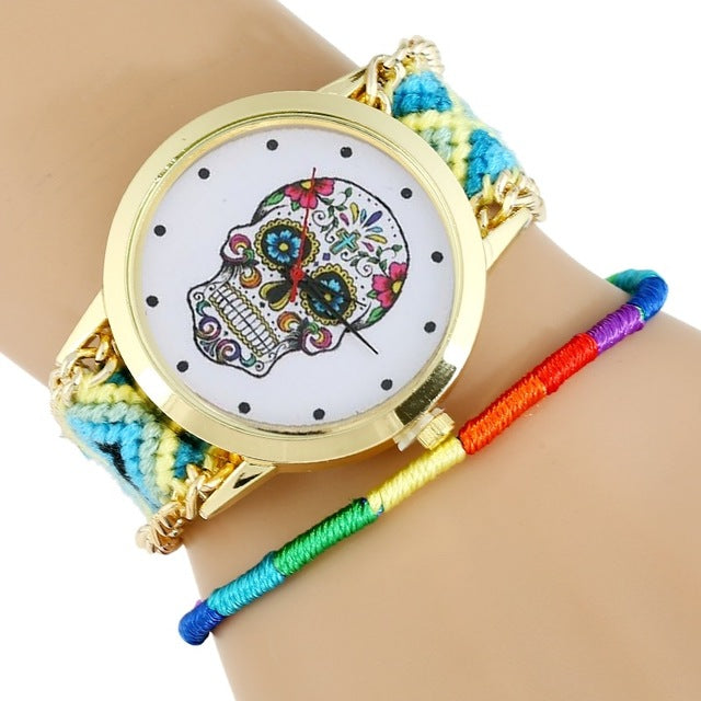Women Watch Sugar Skull woman dress wristwatch Fashion Hippie Fabric Bracelet Skeleton reloj dama Geneva Style