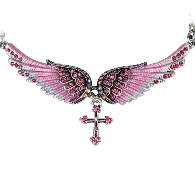 Angel Wing Cross Choker Necklace Guardian Women Biker Crystal Jewelry Gifts