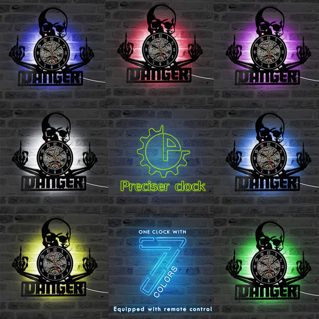 Black Hollow Skull Record Clock Vinyl LP Record Middle Finger Skull Wall Clock Decorative LED Clocks Modern Wall Art