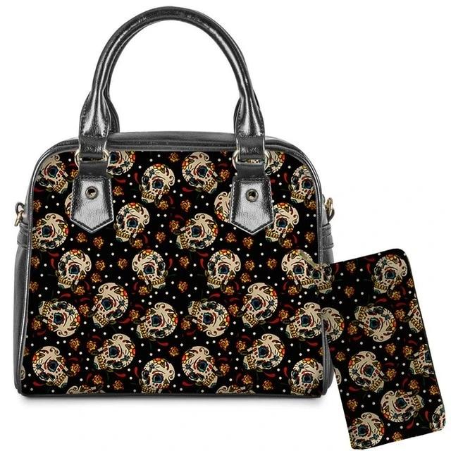 2Pcs/set Sugar Skull Print Shoulder Messenger Cross-body Bag and Wallet