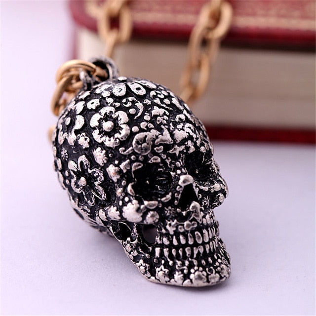 Miss Lady Punk Women Retro skeleton Gothic Skull Pendant Necklace for Man with Vaintage Flower Cubic Zirconia Jewelry MLXL0101