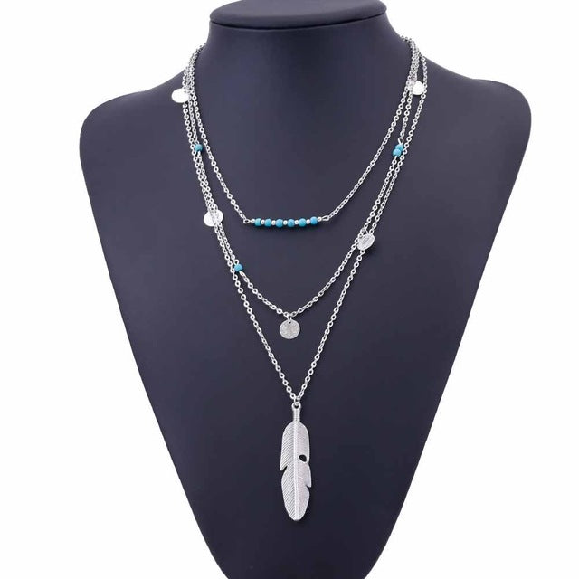 KISS WIFE 2017 New Fashion Feather Necklace Leaf Layer 3 Necklace Multilayer Necklace Women