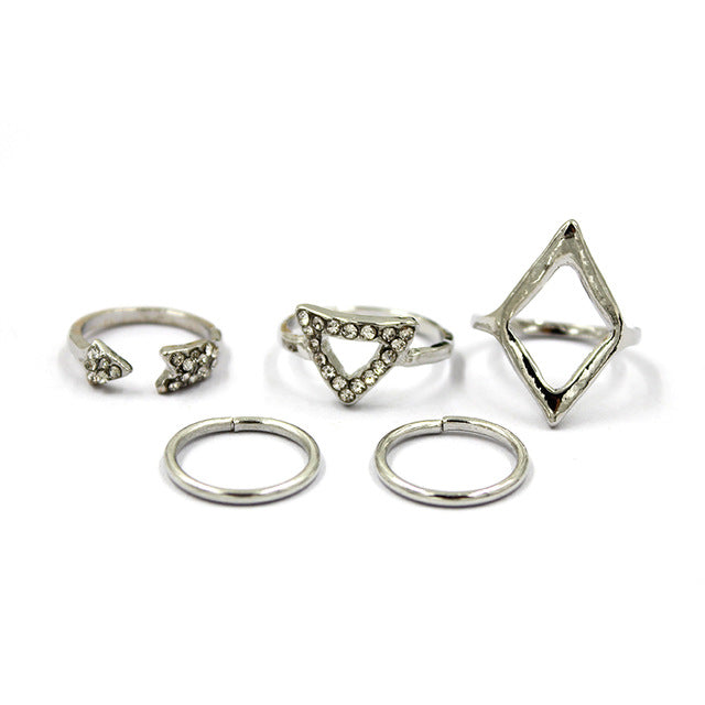 Hot sell Gold & Silver Mid Finger Ring 5pcs/Set Punk style Arrow triangle joint ring